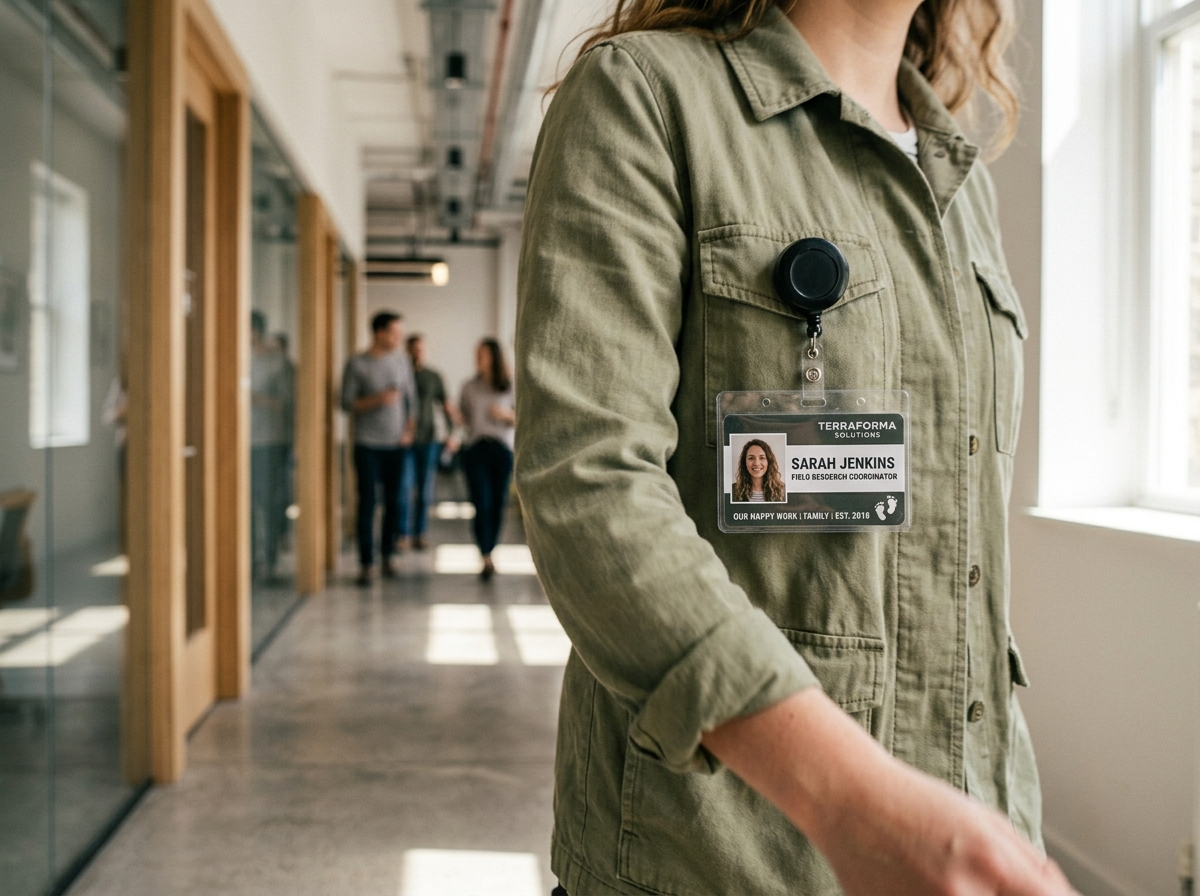Close-up of an ID badge clipped to a retractable reel in an office hallway