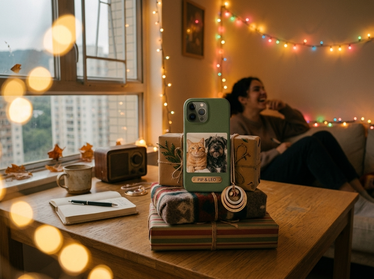 A pet photo phone case resting on a small stack of wrapped Christmas presents