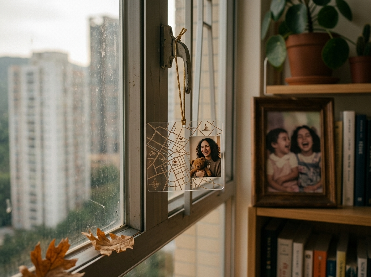 A custom map photo ornament hanging in a window with warm afternoon light