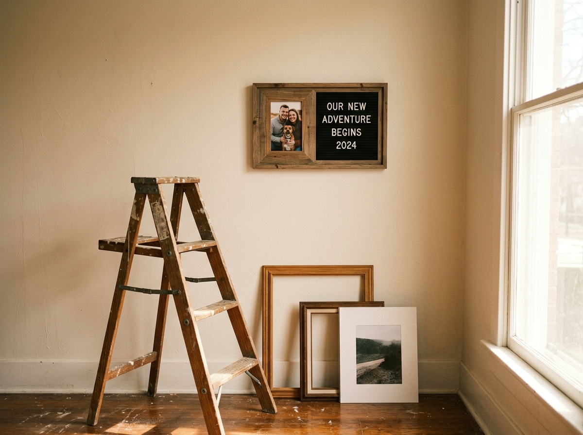 A personalized photo frame with a letter board hanging on a bare living room wall