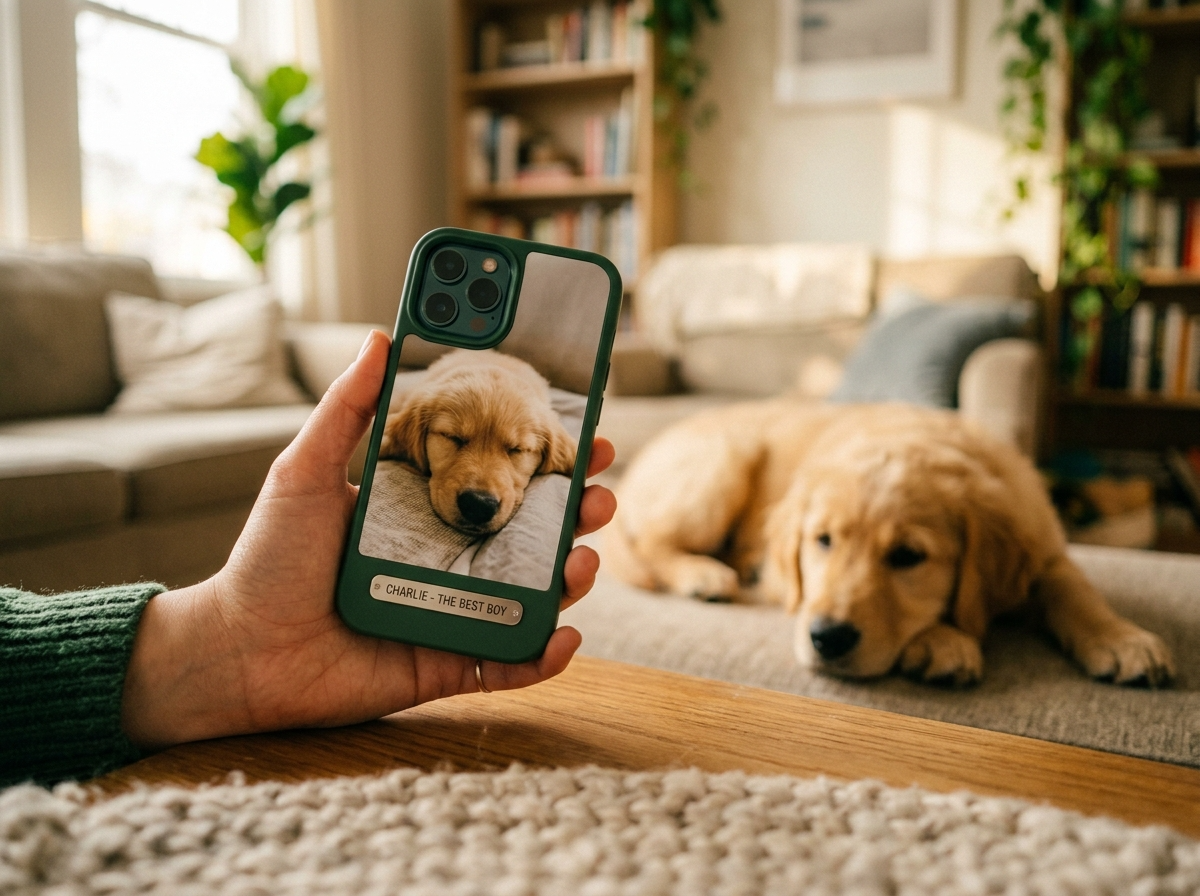 A hand holding a pet photo phone case with a puppy visible blurred in the background