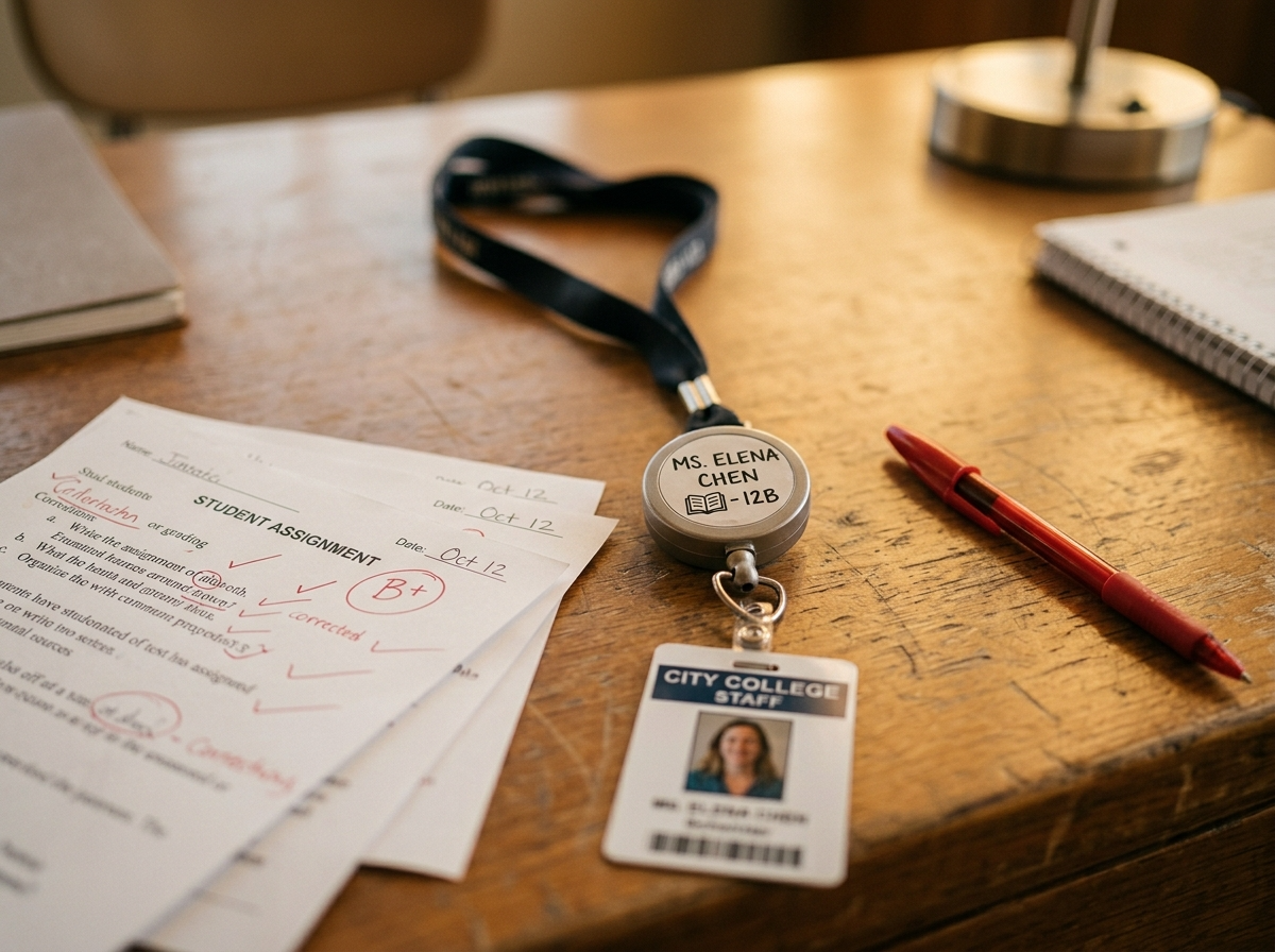 A personalized badge reel clipped to a lanyard resting on a desk with grading papers