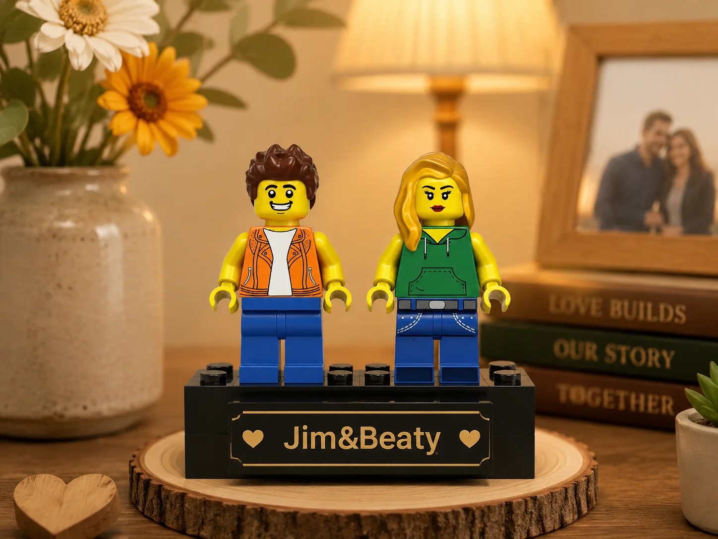 A close-up of two custom minifigs, one with brown hair and an orange jacket, one with blonde hair and a green hoodie, on a base engraved "Jim&Beaty"