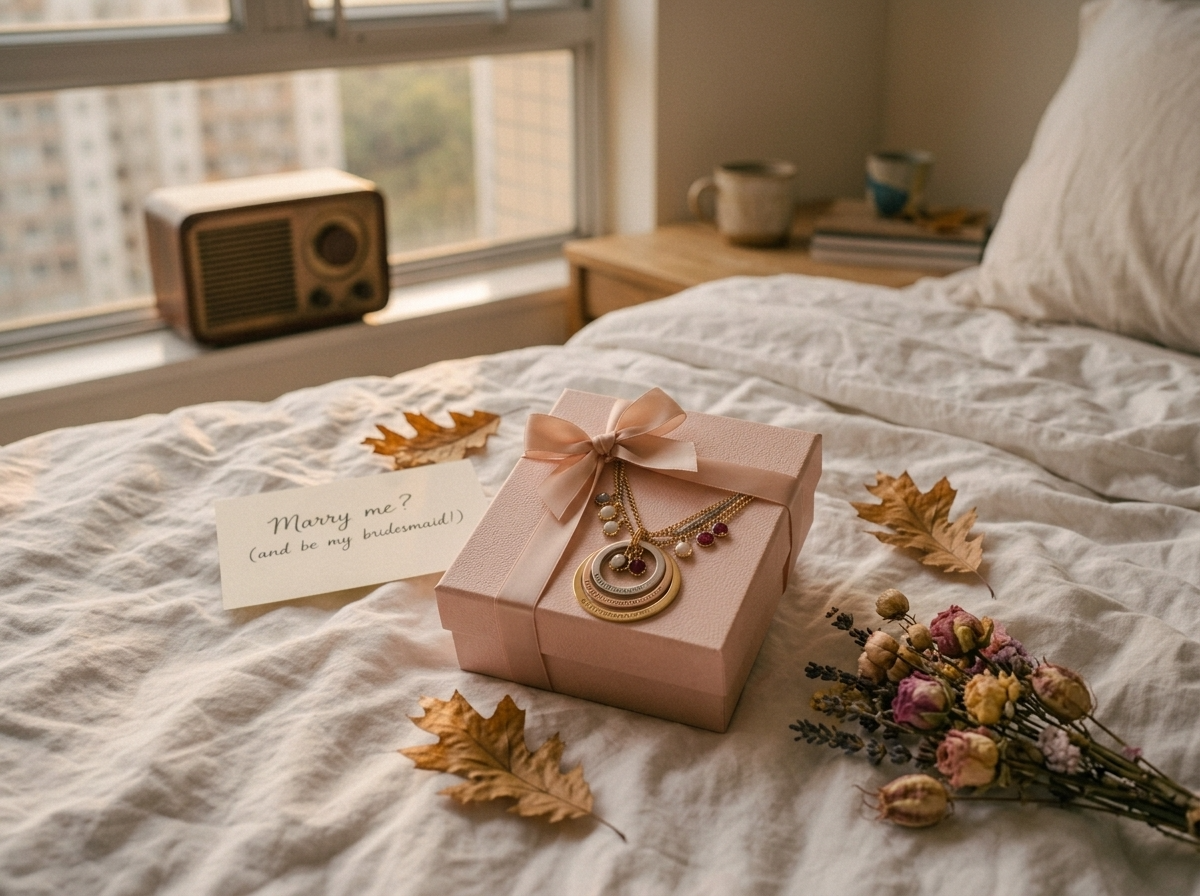 A blush pink paper proposal box tied with a ribbon bow, sitting on a marble table