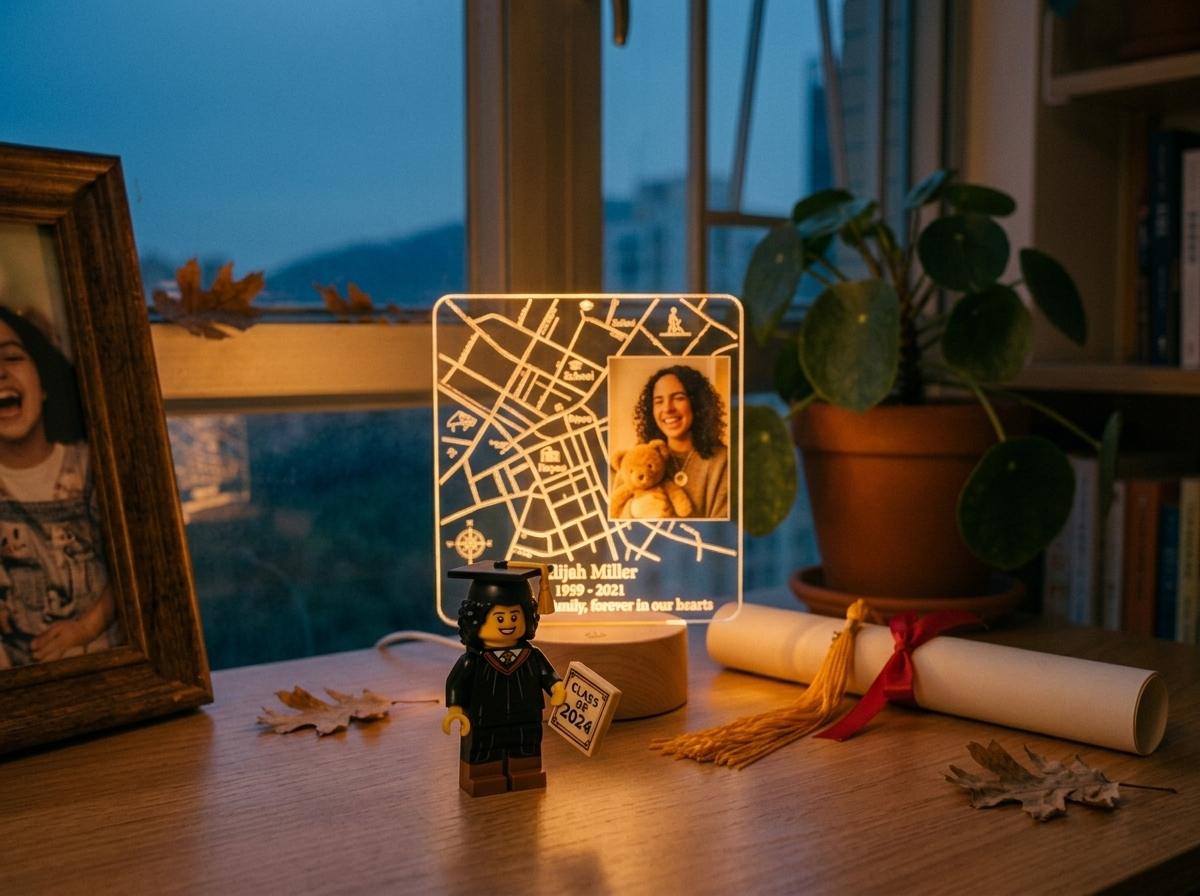 A custom brick figure wearing a graduation cap and gown standing beside a rolled diploma