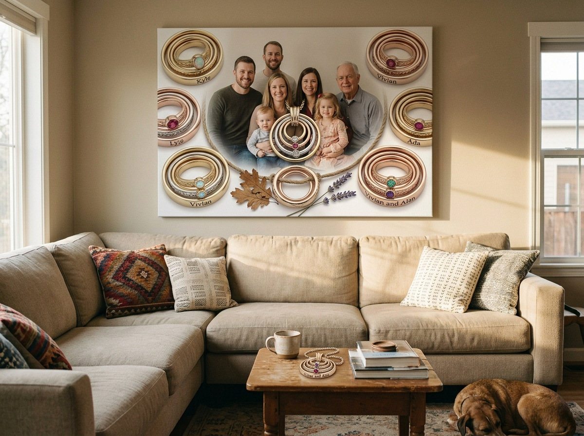 A custom photo canvas print hanging on a living room wall above a couch