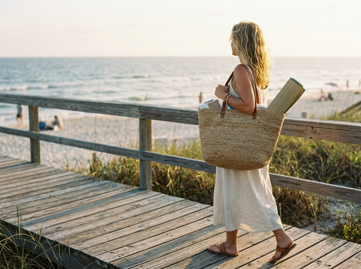 A woman walking on a beach boardwalk carrying a woven jute tote bag over her shoulder