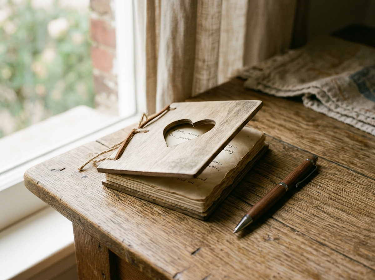 A close-up of a small wooden vow book resting open on a table with a pen beside it