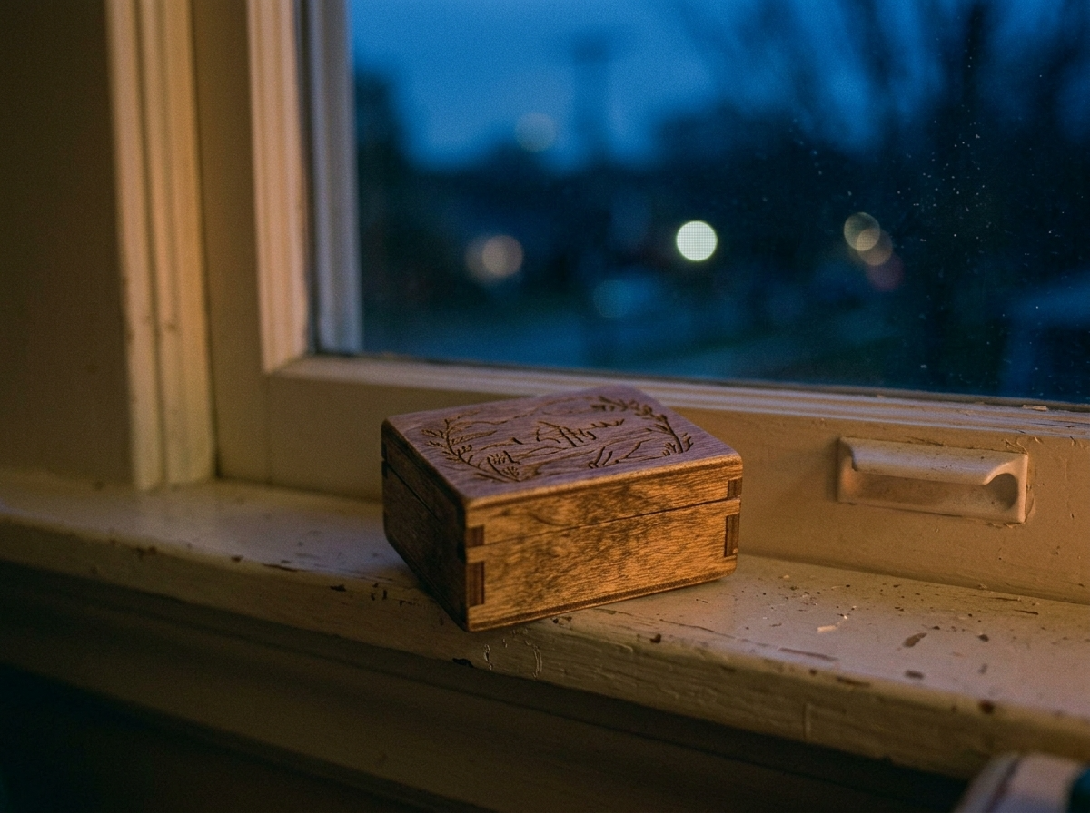 A close-up of a small engraved wooden tooth fairy box sitting on a windowsill at night