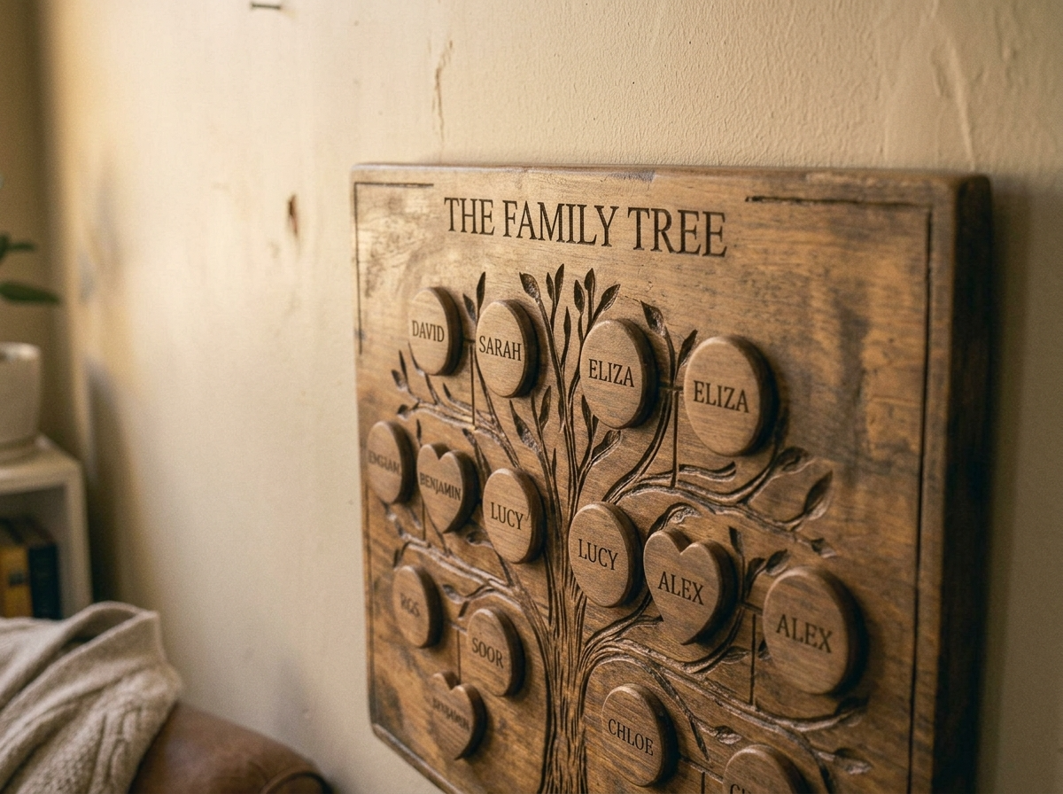 A close-up of a wooden family tree plaque with several grandchildren's names engraved on individual branches