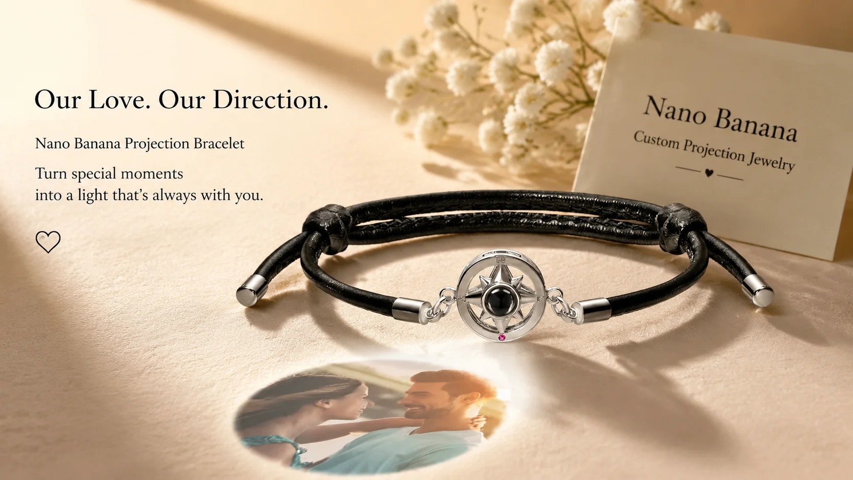 The bracelet's compass charm and adjustable leather cord resting on a silver notebook cover