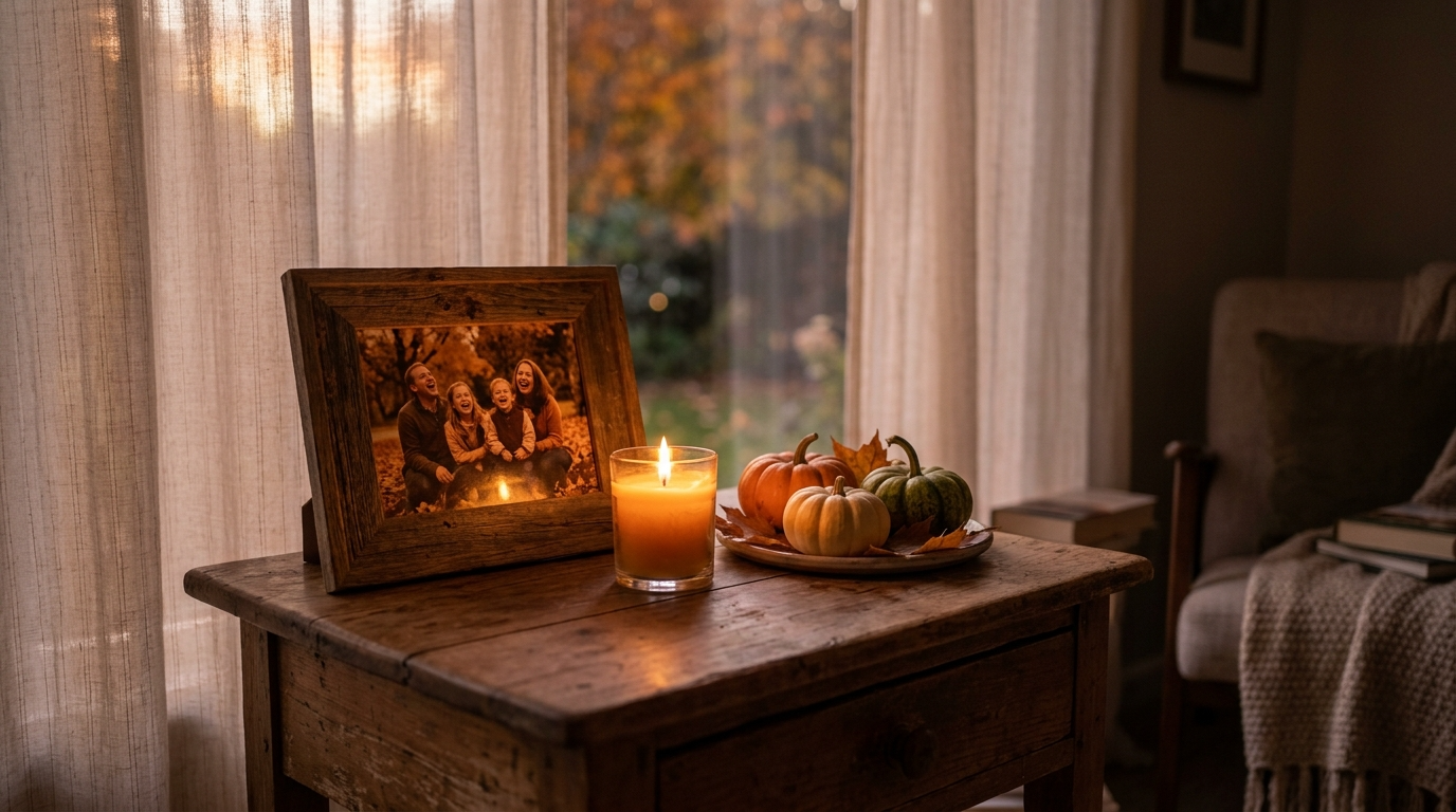 A framed family photo on a side table with small pumpkins and a candle in autumn light