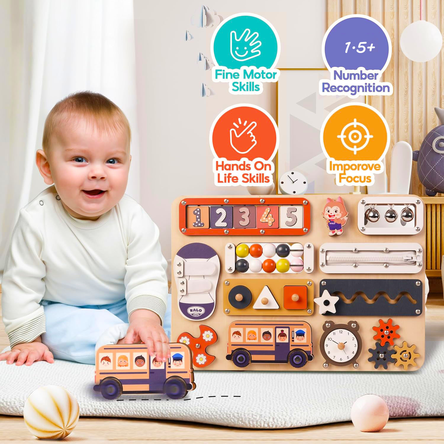 Bus Busy Board  Toys for  1.5+ Years Old Sensory Toys for 1.5+ Years Old Wheels On The Bus Wooden Toys  Fine Motor Skills & Early Learning Multiple toy combinations Gift for Boys & Girls 