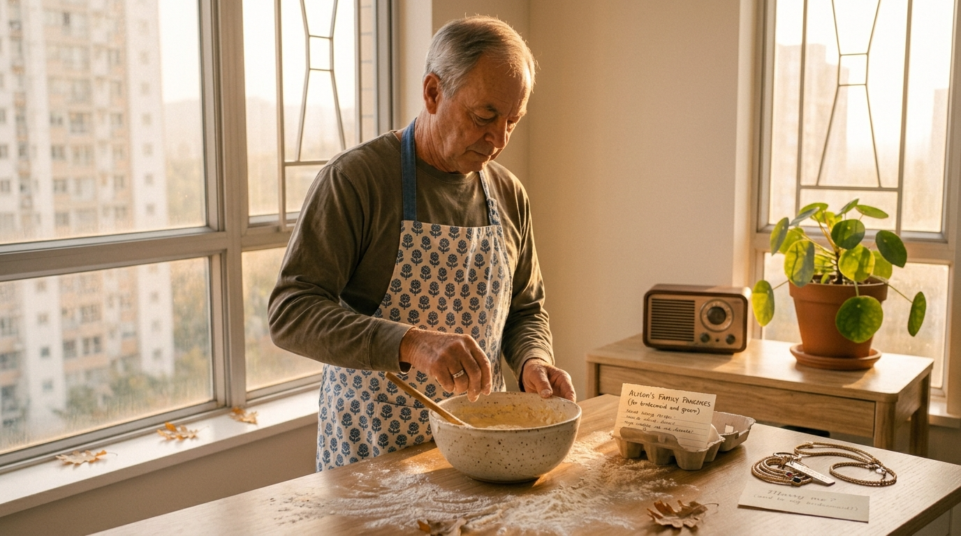 A person in a floral apron in a sunlit kitchen with flour on the counter, unhurried morning