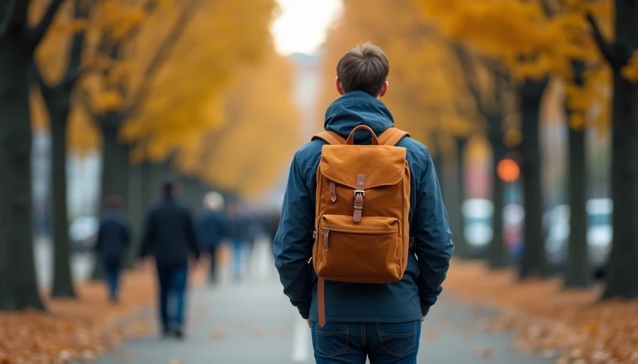 A person with a corduroy backpack walking down a city street in autumn, quiet purposeful mood