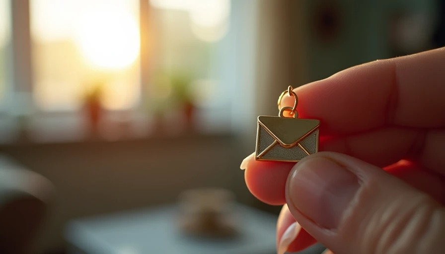 A close-up of a tiny envelope pendant necklace held between fingers in warm window light