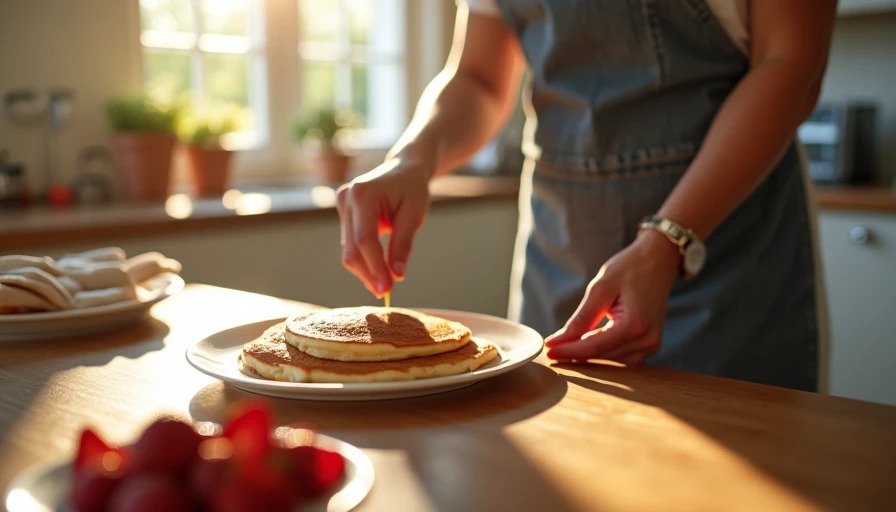 A person in a floral apron flipping pancakes in a sunlit kitchen on a slow weekend morning