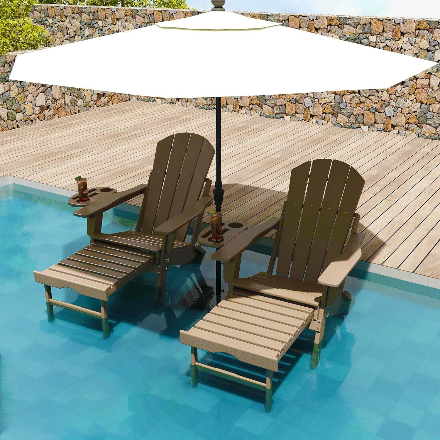 Adirondack Chair Set of 2 Adjustable & Retractable Ottoman  HDPE Folding Adirondack Chair with Cup Holder Outdoor Chairs few Steps Easy Installation,Widely Used in Outdoor, Patio, Lawn, Fire Pit, Deck, Outside, Chairs