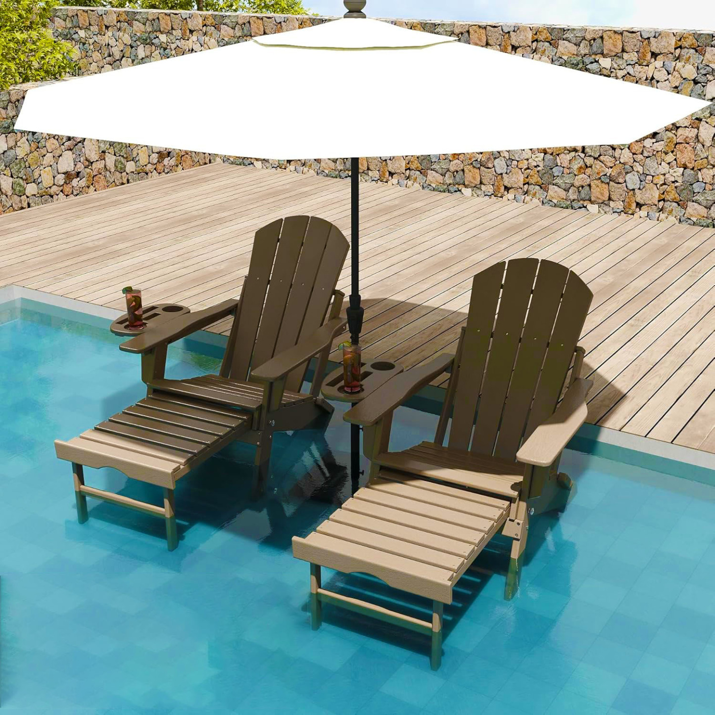 Adirondack Chair Set of 2 Adjustable & Retractable Ottoman  HDPE Folding Adirondack Chair with Cup Holder Outdoor Chairs few Steps Easy Installation,Widely Used in Outdoor, Patio, Lawn, Fire Pit, Deck, Outside, Chairs