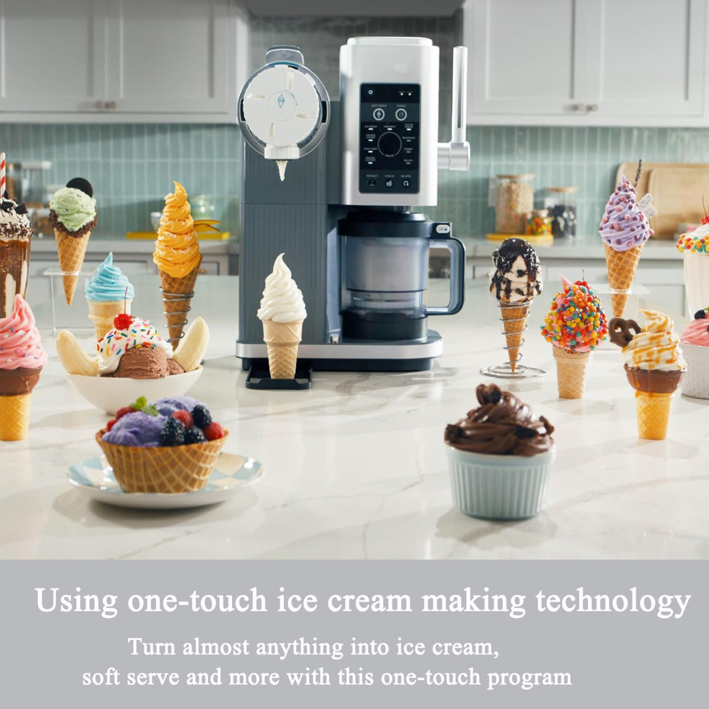 Ice Cream and Soft Serve Maker, Sorbet, Milkshake, Frozen Yogurt Machine, Low Calories Program & More, 13-in-1, Soft Serve Handle, , For Kids & safety, Double Insulated,Silver
