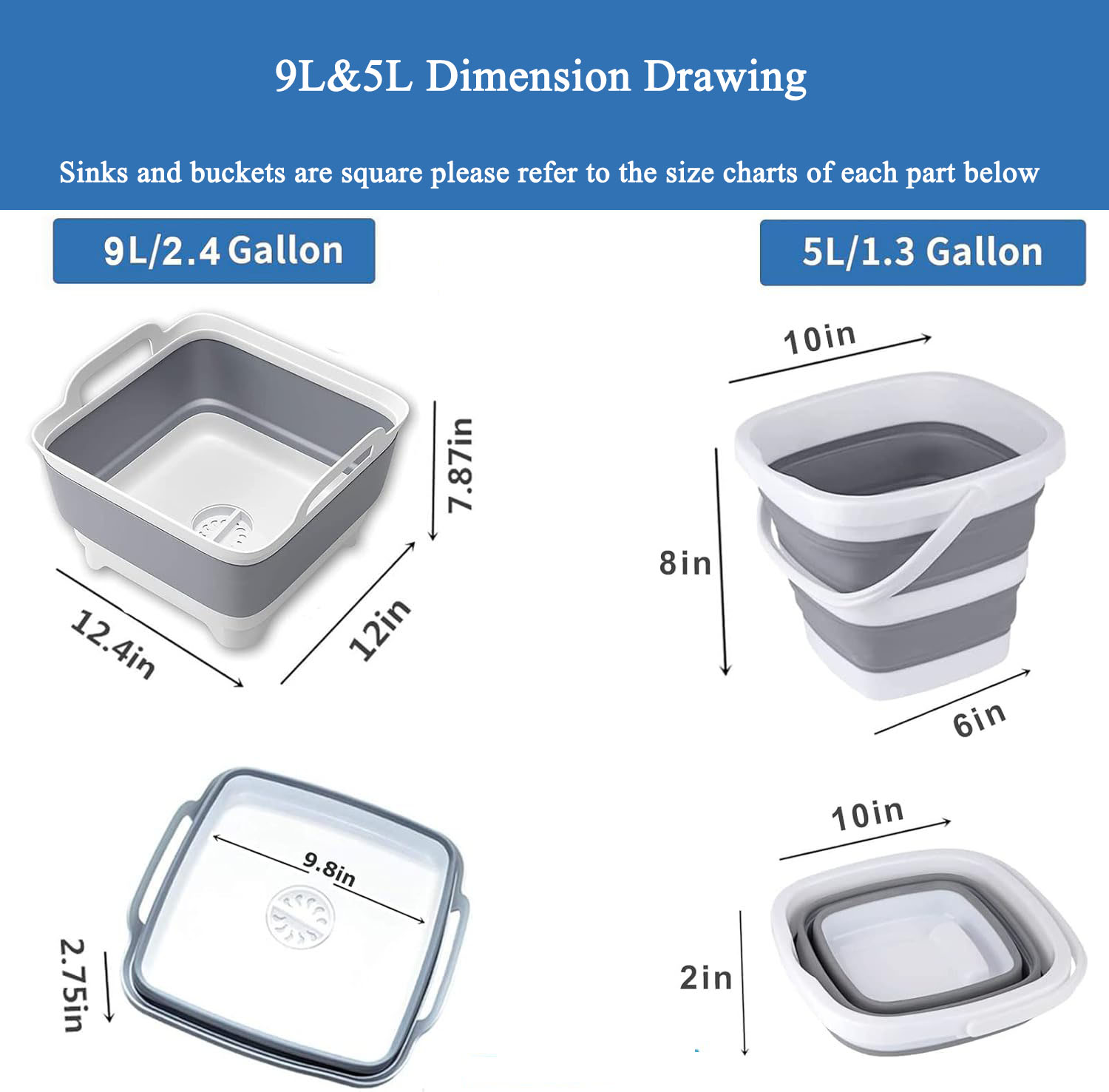 Collapsible Wash Basin 9L  5L Portable Foldable Small Plastic Water Supplies for Outdoor  Multi-purpose Wash Bucket Collapsible Dishpan with Drain Plug for Kitchen Sink Camping Sink for Washing Dishes, Laundry & Kitchen Use（9L+5L Sets of 2)