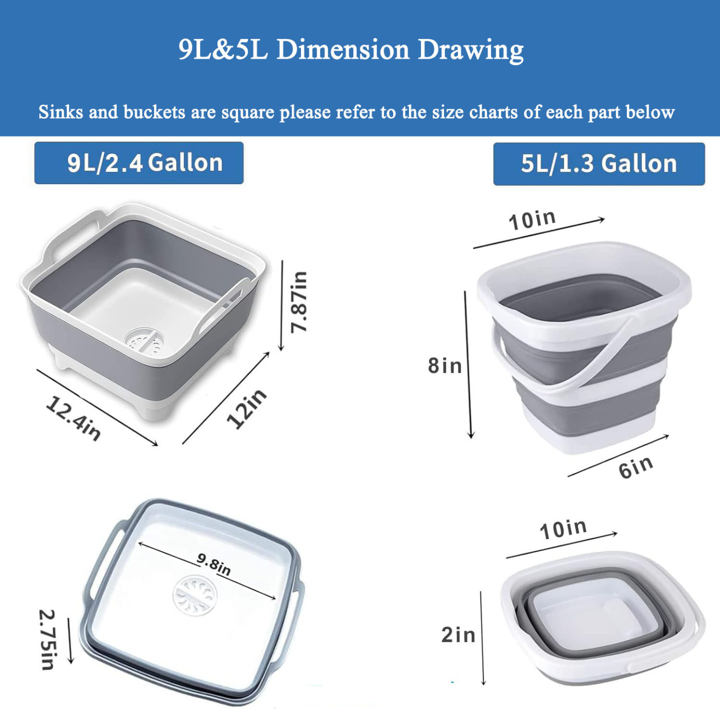 Collapsible Wash Basin 9L  5L Portable Foldable Small Plastic Water Supplies for Outdoor  Multi-purpose Wash Bucket Collapsible Dishpan with Drain Plug for Kitchen Sink Camping Sink for Washing Dishes, Laundry & Kitchen Use（9L+5L Sets of 2)