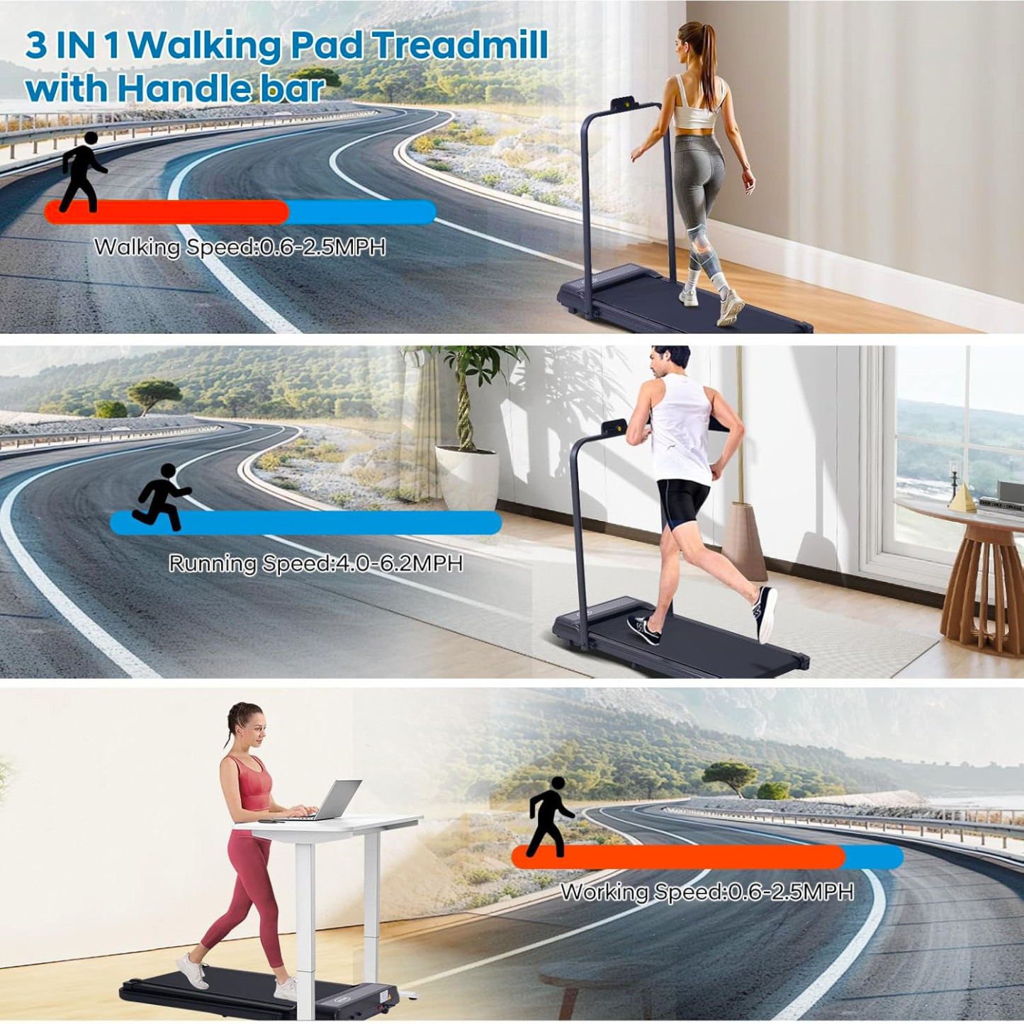 Treadmill with armrests Portable Treadmills for Home Office Folding Foldable Electric Treadmills for Home Small 3.0HP Walking Pad Treadmills with Handle Bar, 3 in 1 Under Desk Treadmill with Remote Control LED Display 300LBS Capacity