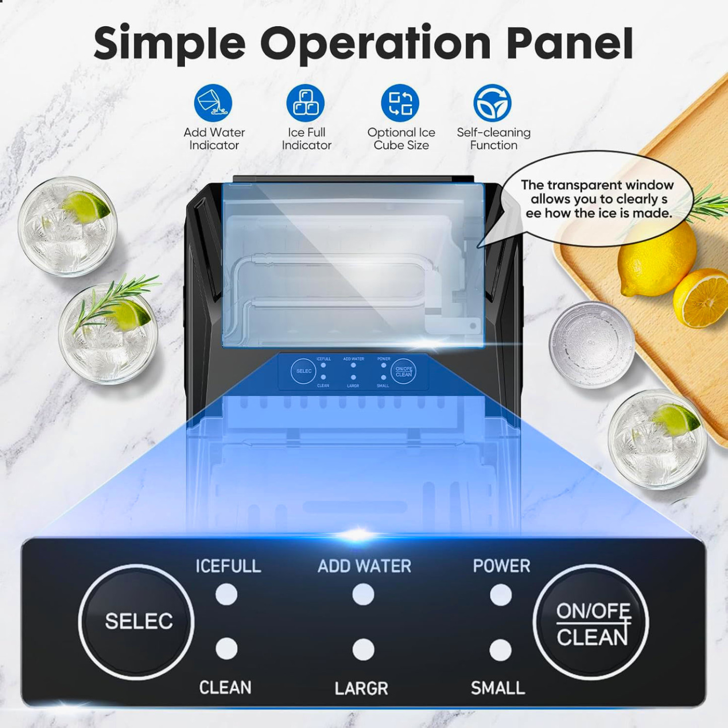 Countertop Ice Maker One-Click Operation Ice Machine with Self-Cleaning 9 Cubes in 6 Mins 26 lbs/24Hrs 2 Sizes of Bullet Ice for Home Party Office