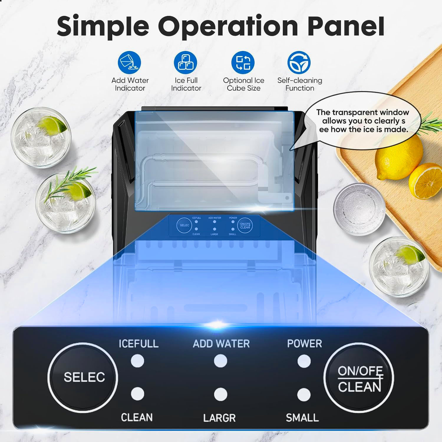 Countertop Ice Maker One-Click Operation Ice Machine with Self-Cleaning 9 Cubes in 6 Mins 26 lbs/24Hrs 2 Sizes of Bullet Ice for Home Party Office