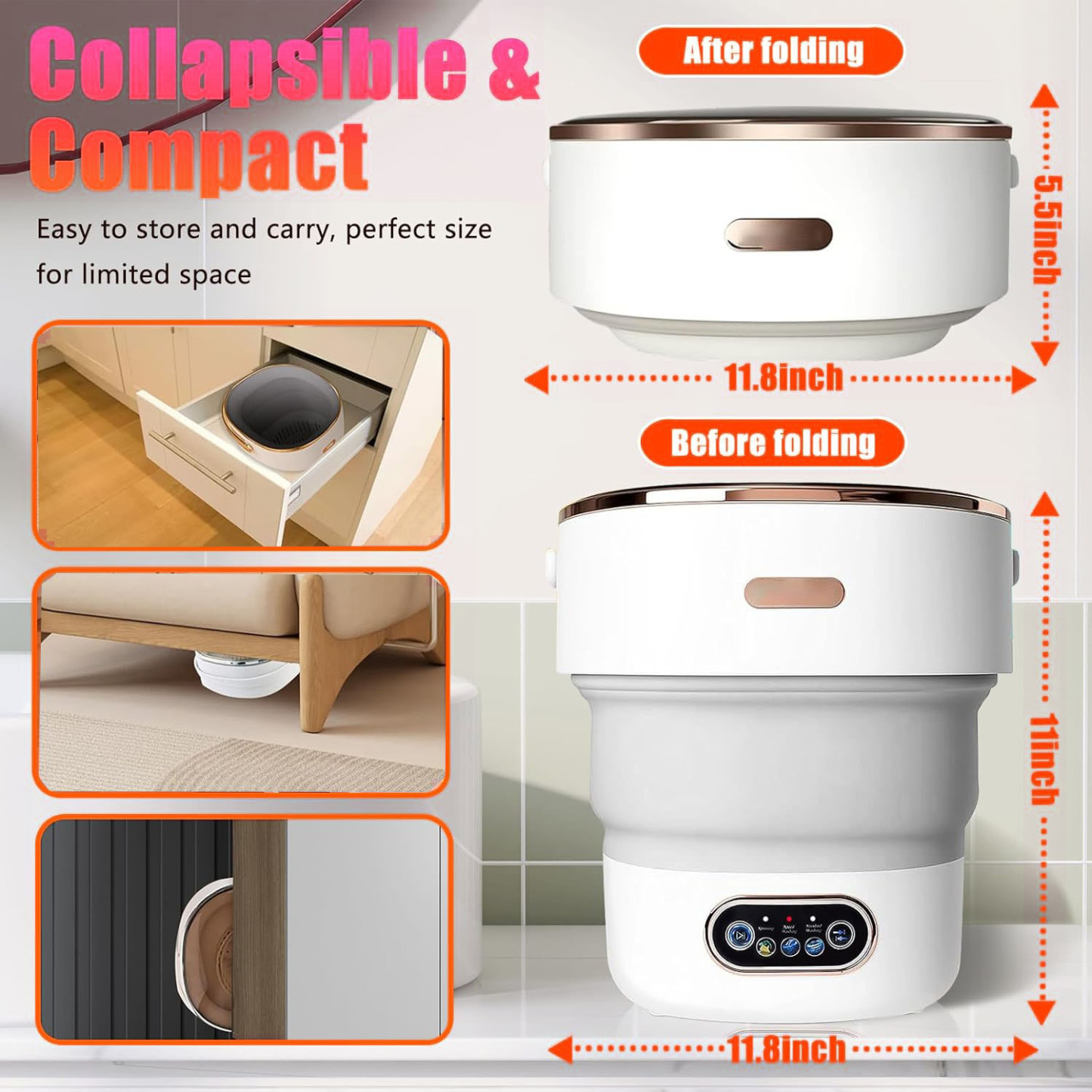Portable Washing Machine 15L Collapsible Mini Washer 3 Cleaning Modes Small Foldable Laundry Machine for Travel Camping Dorms RVs Apartments
