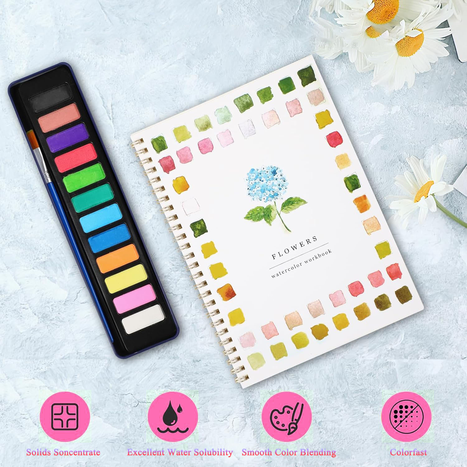 Watercolor Workbooks - Flowers Watercolor Paint Set Beginner-Friendly Watercolor Workbooks 12 Colors Water color Book Paint Set with Paint Brush