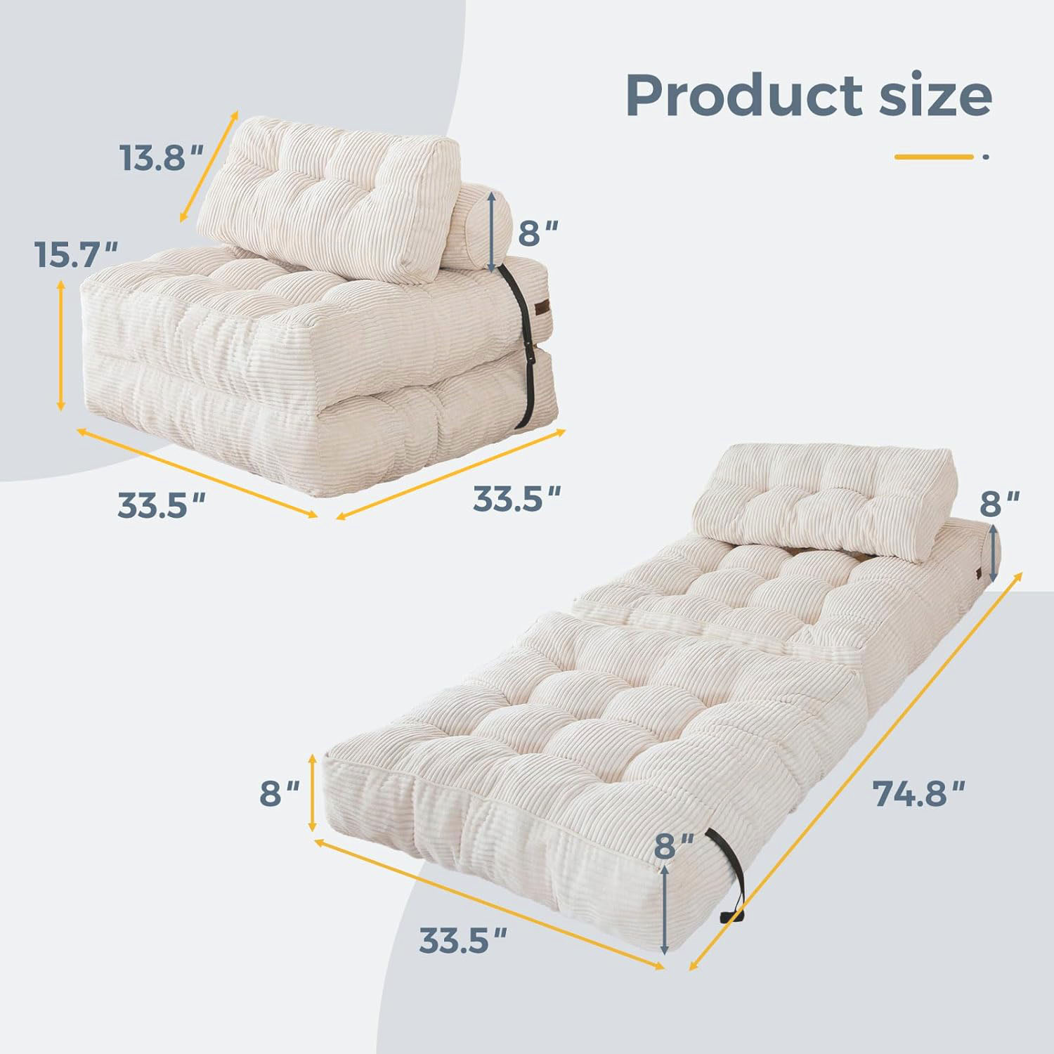 Folding Sofa Bed Convertible Sleeper Chair with Foldable Matress with Back Support Portable Fold Out Chair Bed Comfy Floor Sofa Lounge for Living Room Bedroom Single Beige/Black/Dark Grey/Green/Orange/Pink