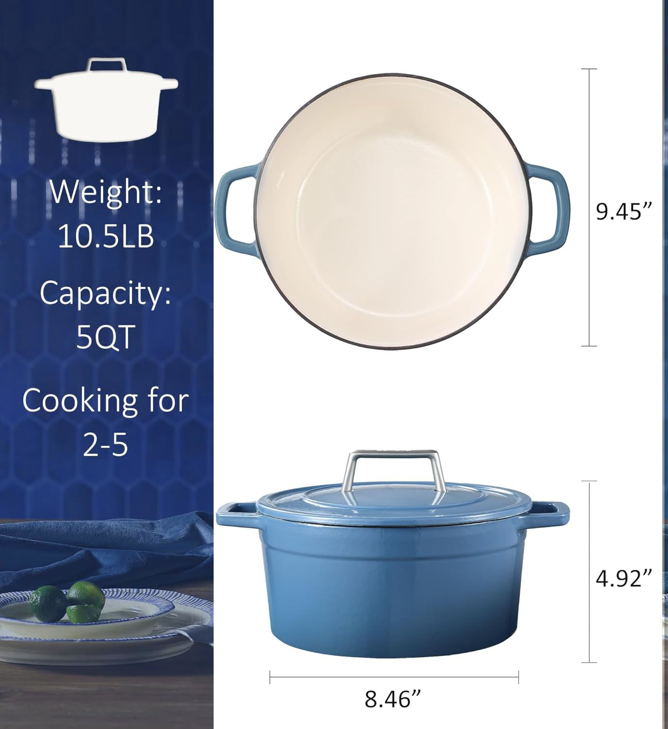 Cast Iron Oven Pot with Lid Enameled  Oven for Bread Baking Dual Handles Heavy-Duty Cast Iron Pot 5QT Blue