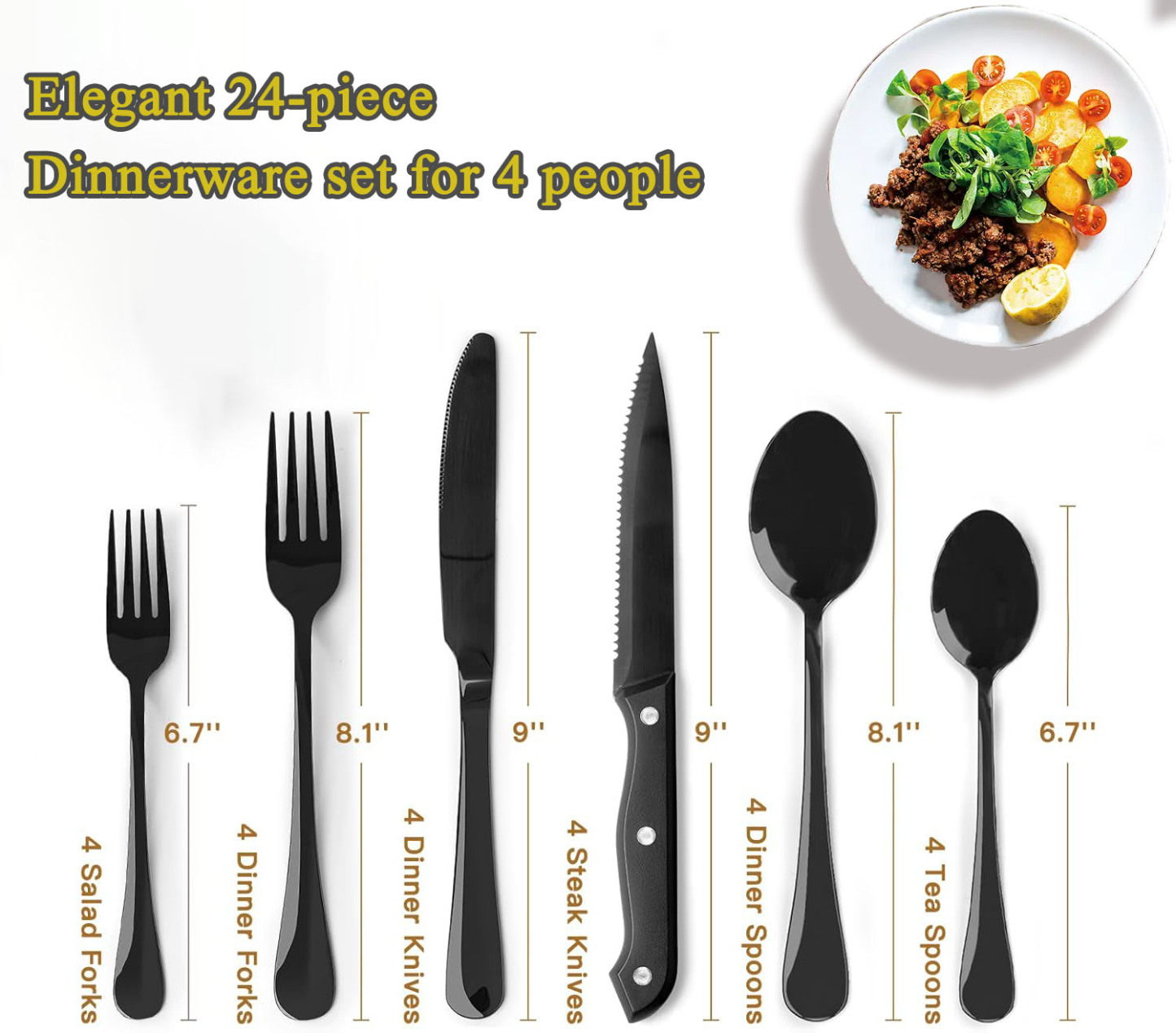24-Piece Black Silverware Set with Steak Knives Flatware Set for 4 Food-Grade Stainless Steel Cutlery Set  Mirror Polished Utensils Set Kitchen Utensils Set Include Spoons and Forks for Home Kitchen Restaurant Utensils Set