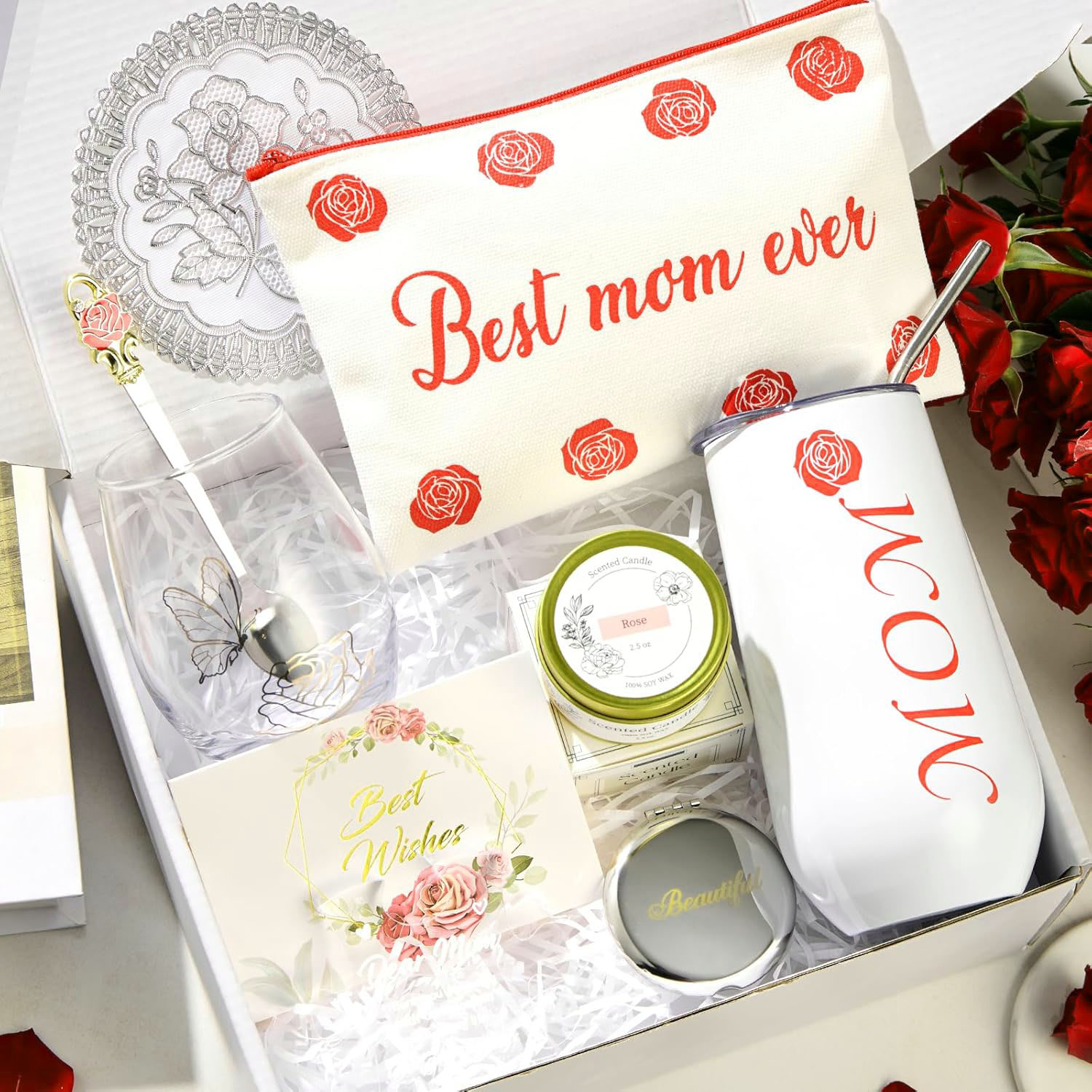 Mothers Day Gifts for Mom Elegant Rose Gift Basket for Women Unique Gifts for Mom from Daughter Son Husband Family Coffee Mug Glass Drinking Set Mother's Day Birthday