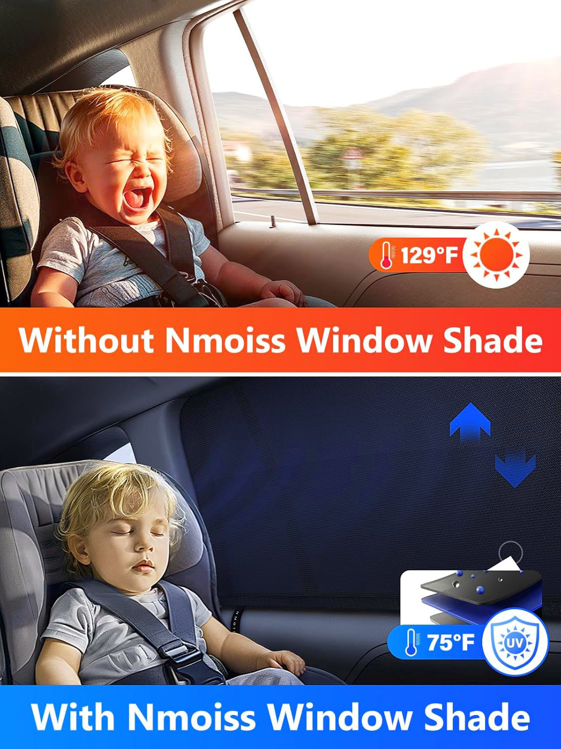 [2025 Upgraded] Car Window Shades for Baby[Ice Crystal Cooling Layer] Sun Safety Car Window Shade with Heat Alert, Helps Block UVA/UVB Rays Cling Sun Shade 99% UV Protection Fit SUV/Sedan/Minivan | Roll Windows Down, Privacy Safe 2 Pack