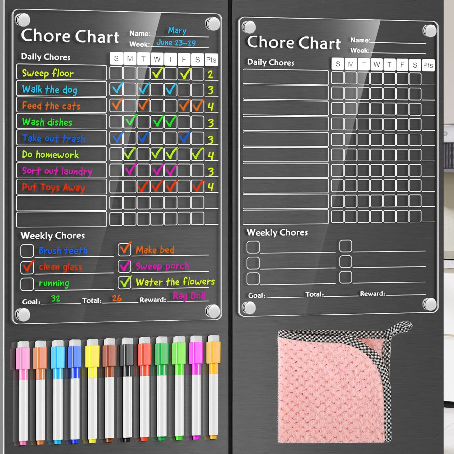 Acrylic Magnetic Chore Chart for Kids Chores Chart for Fridge Refrigerator Menu Board for Kitchen Weekly Meal Planner Whiteboard Refrigerator Dry Erase Behavior Chore Chart for Multiple Kids w/ 8 Colors Markers