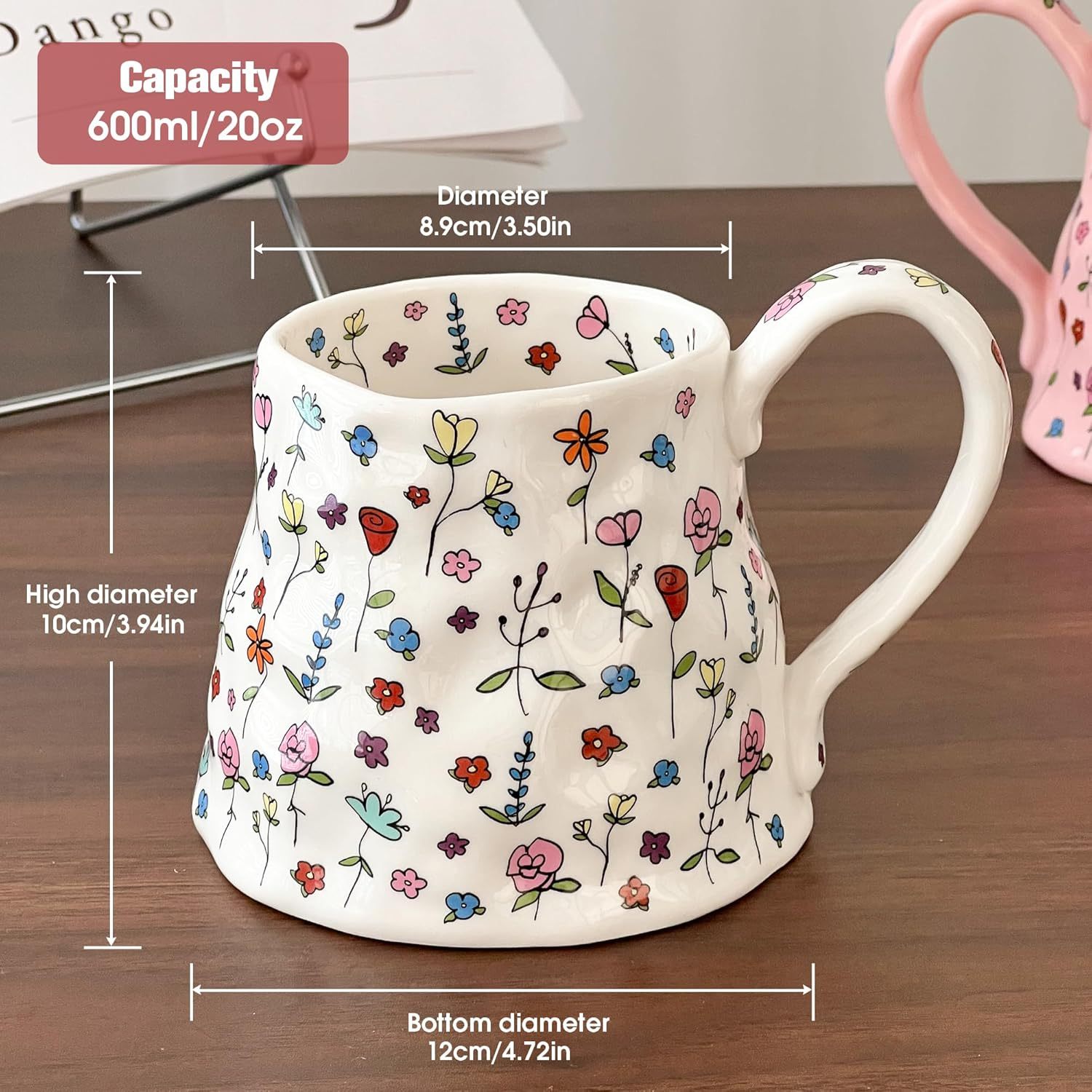 Large Ceramic Coffee Mug Cute Flower with Handmade Big Handle 20oz Girly Pink Floral Tea Cup for Gift Novelty Irregular Oversized Christmas Mugs for Latte Tea Milk Cocoa