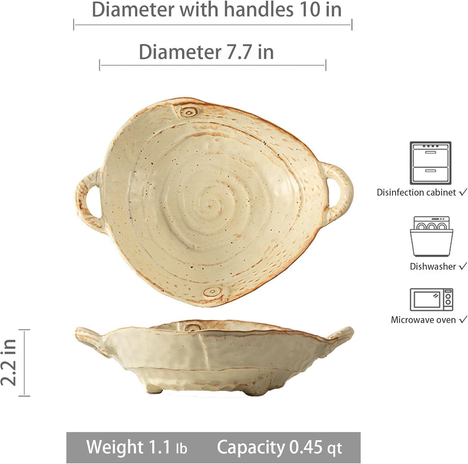 Free-Form Edge Ceramic Bowl with Handles Retro Distressed Style Glazed for Fruit Bowl,Salad Bowl Table Centerpiece Decor Handmade Ceramics