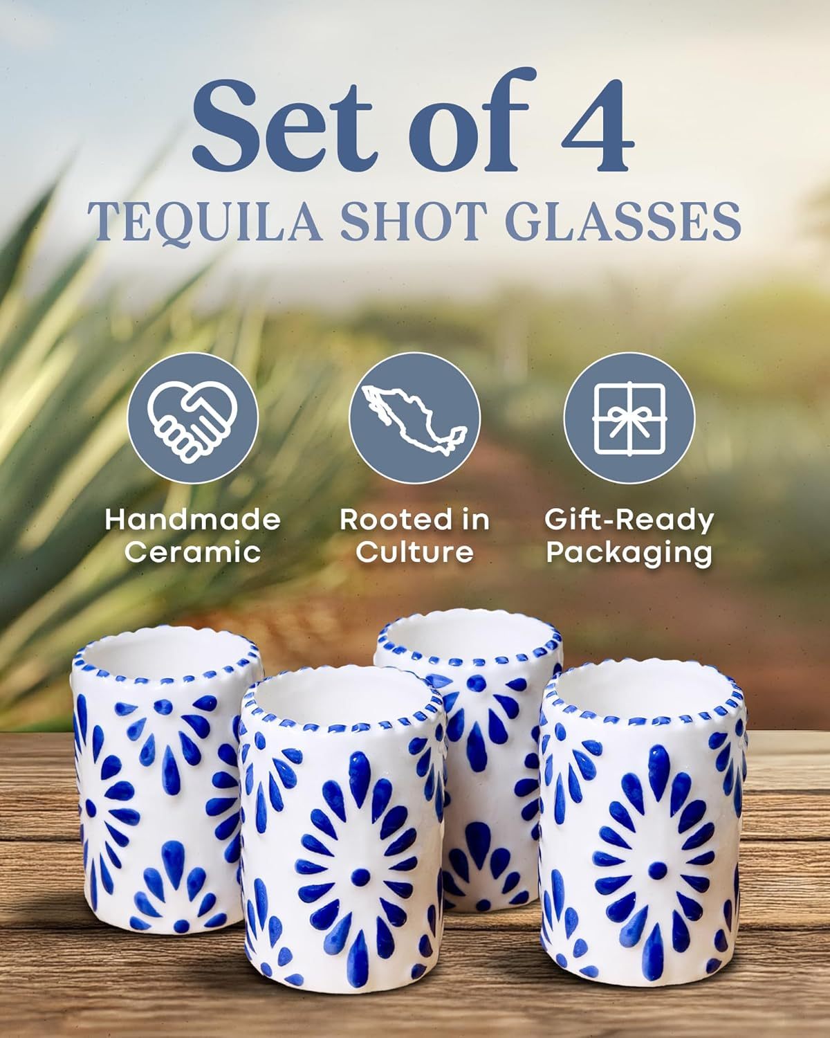 Authentic Talavera Shot Glasses - Art Meets Celebration  Handcrafted Mexican Heritage • Inspired by 16th-century Puebla pottery traditions • Meticulously hand-painted in vibrant cobalt blue on creamy white glaze • Each piece showcases unique artisan brush