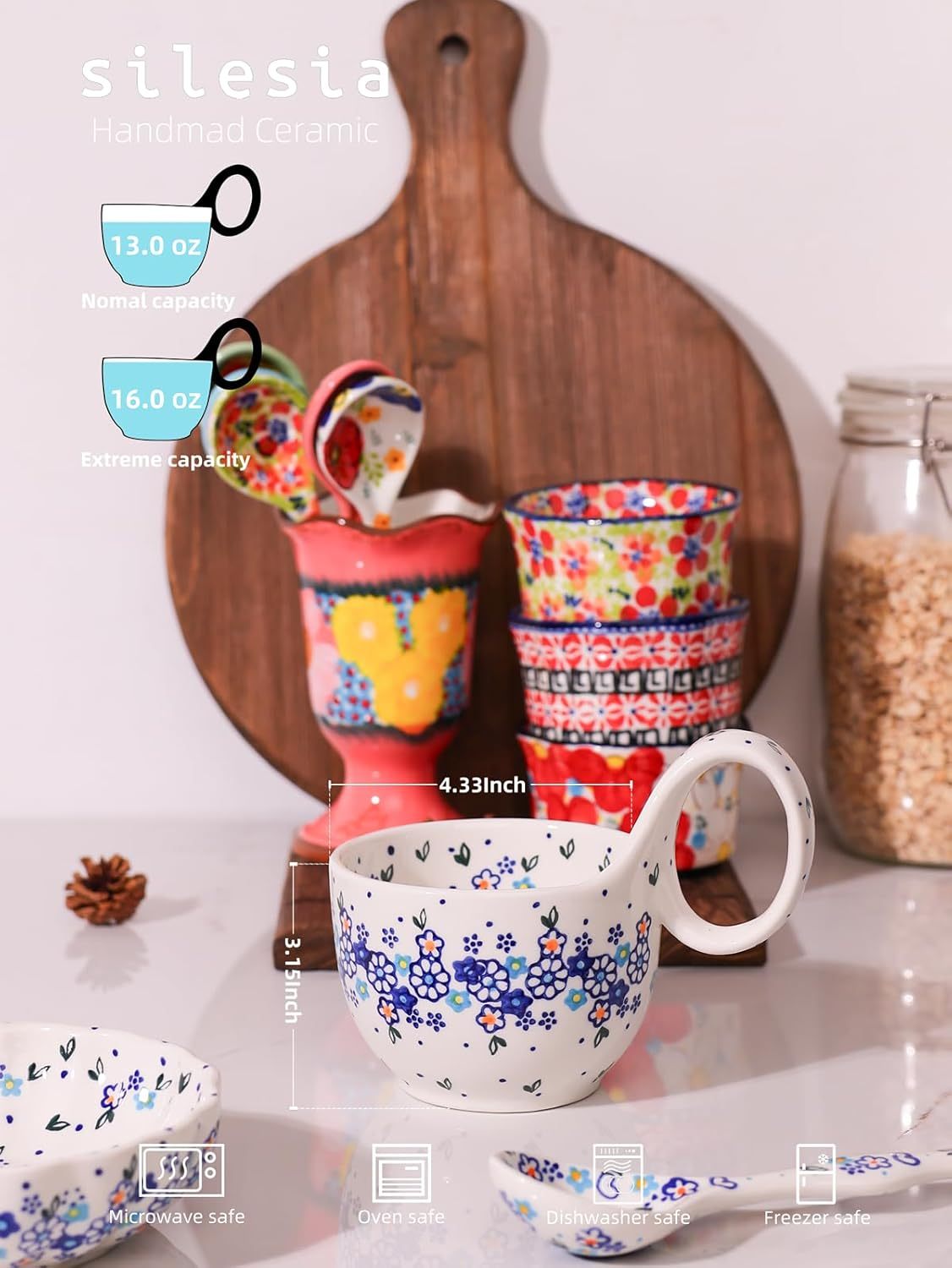 Handmade Loop Handle Soup Bowl, Plate and Spoon Set  Ceramic Hand Painted Cereal Bowl Great for Soup, Ice cream, Snack, Gift Box Dishwasher & Microwave Safe