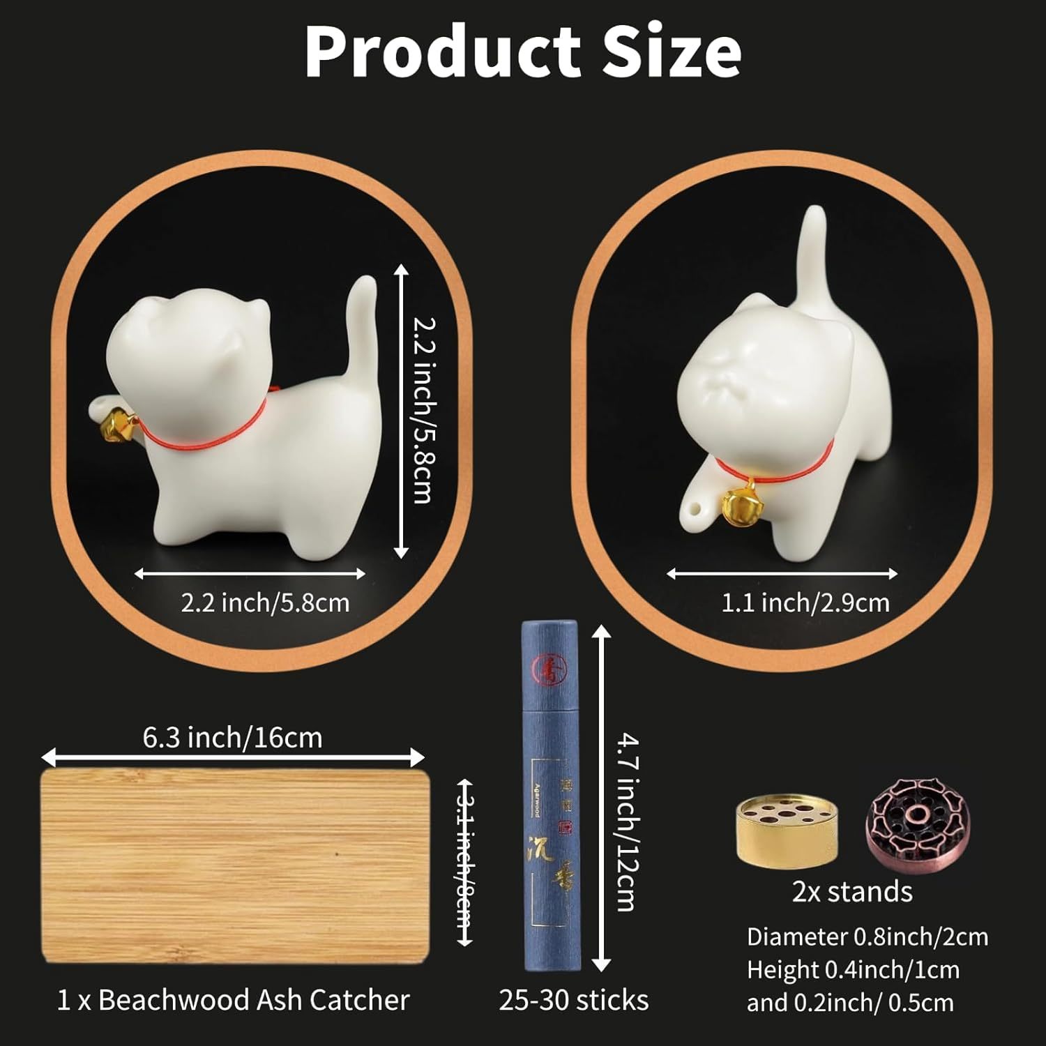 Incense Holder Handmade Ceramic Incense-Stick Holder with Sticks，Bamboo Mat and 2 Brass Incense Stands Cat Cute Insence Burner Holder for Meditation Yoga Massage Home Decor