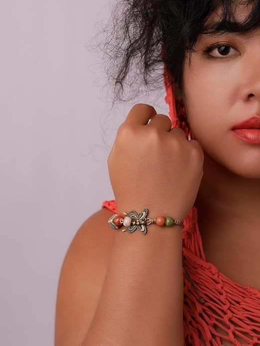 Ceramic Beads and Butterfly Charm Collection Bracelet Handmade Vintage Created Turquoise Beads Bohemian Jewelry for Women