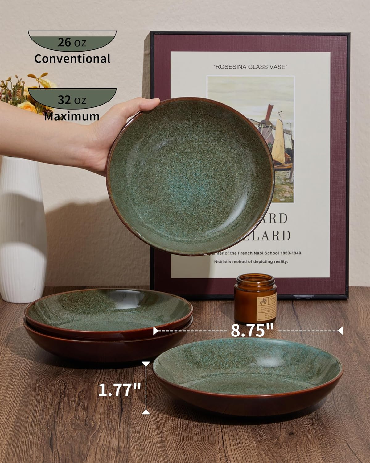 8.75 Inch Large Ceramic Pasta Bowls 32 Oz Reactive Glaze Stoneware Pasta Serving Bowls Set of 4 for Kitchen Wide Bowls for Fruit,Pasta,Salad,Soup Scratch Resistant Brown and Green