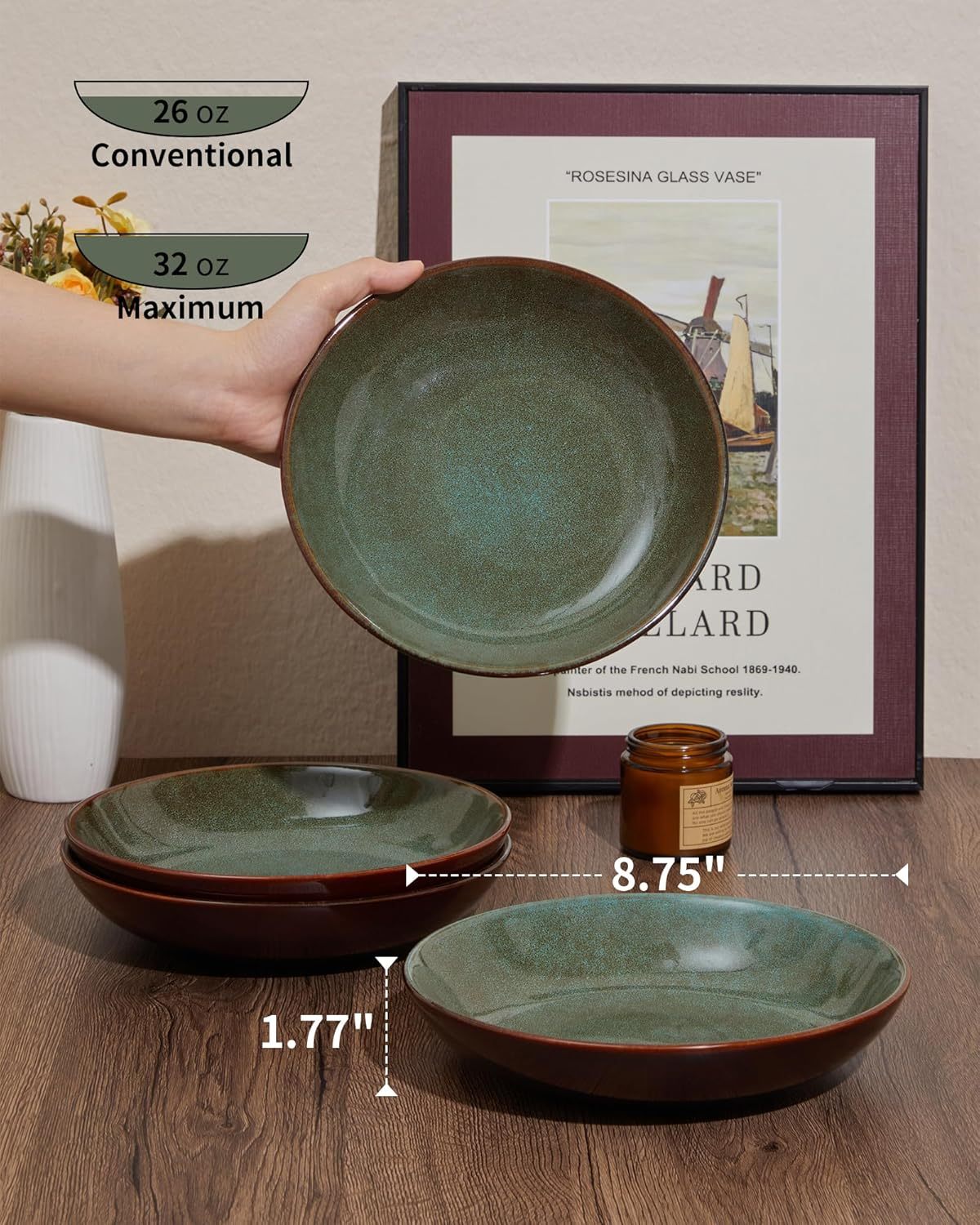 8.75 Inch Large Ceramic Pasta Bowls 32 Oz Reactive Glaze Stoneware Pasta Serving Bowls Set of 4 for Kitchen Wide Bowls for Fruit,Pasta,Salad,Soup Scratch Resistant Brown and Green
