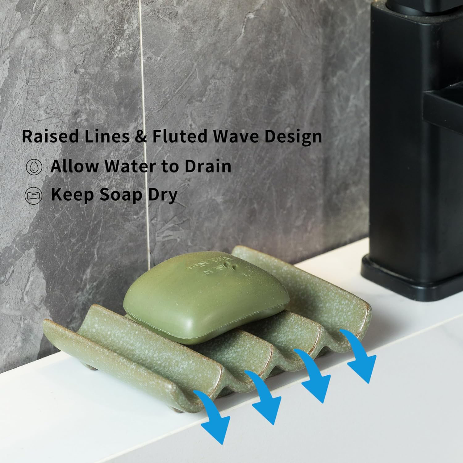 Draining Ceramic Soap Dish Fluted Design Bar Soap Holder for Shower & Bathroom Soap Saver Sponge Lift Green