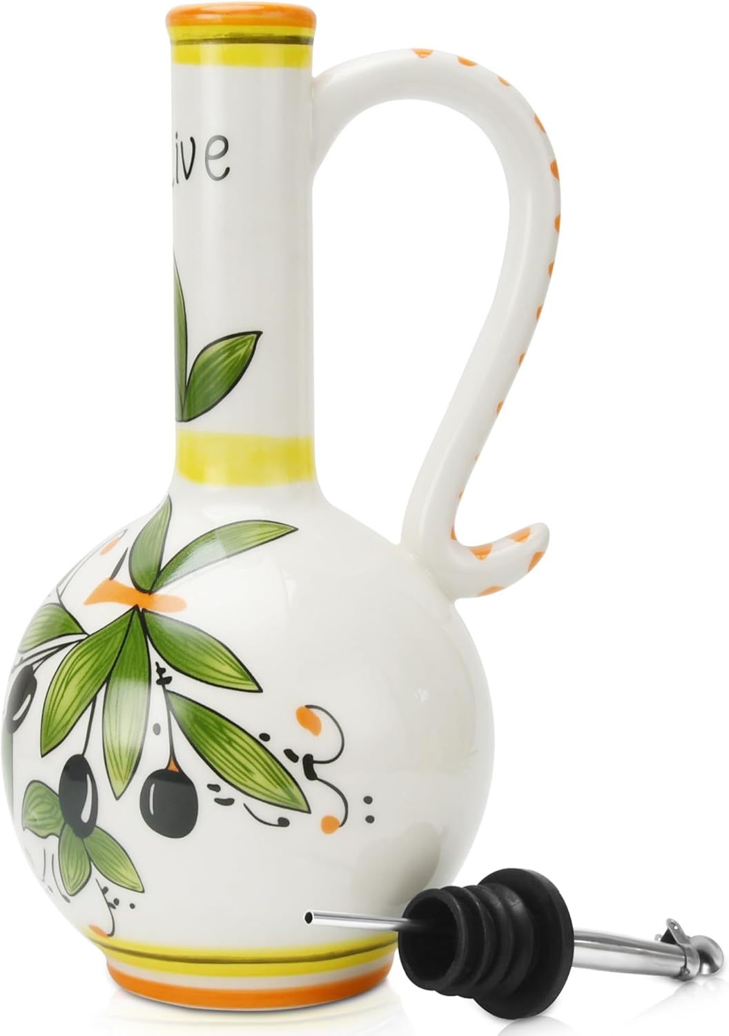 Hand-Painted Ceramic Olive Oil Dispenser Bottle 15oz Decorative Stoneware Cruet with Stainless Steel Spout for Oil, Vinegar, Syrups, and Sauces