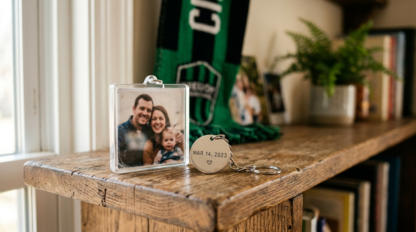 Custom acrylic photo keychain with personalized date metal charm displayed on a rustic wooden shelf.