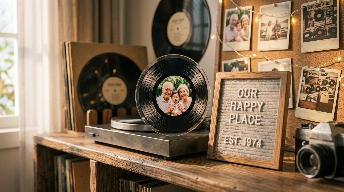 A personalized photo frame with a custom letter board on a bookshelf surrounded by old polaroids