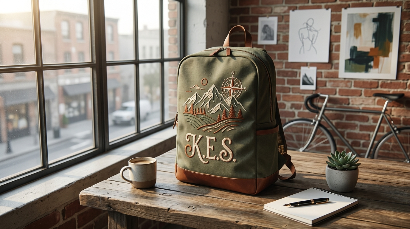 A custom embroidered backpack displayed in an urban lifestyle setting, showing everyday practicality with a personalized touch.